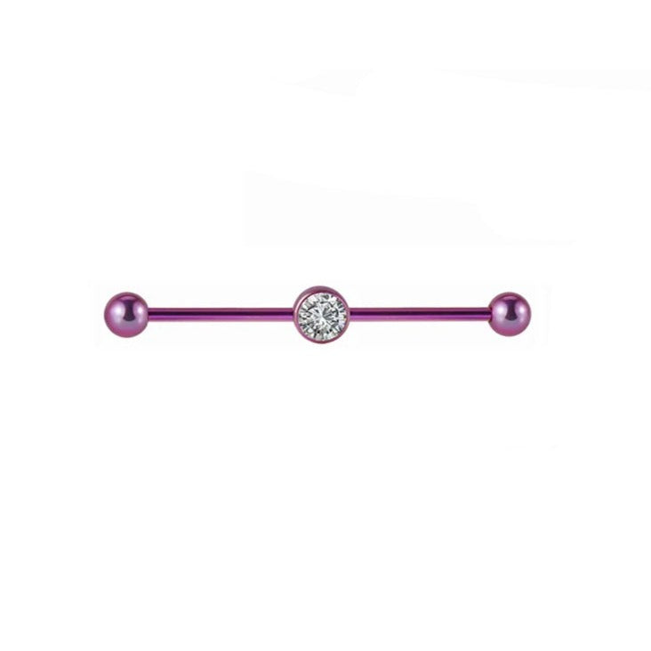 Cool industrial piercing with a clear diamond titanium industrial barbell 14G 38mm pink green blue silver