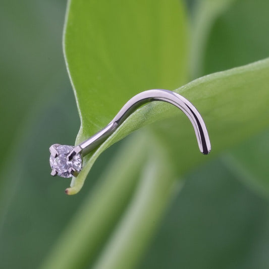 Corkscrew nose ring with round CZ different colors titanium 20G