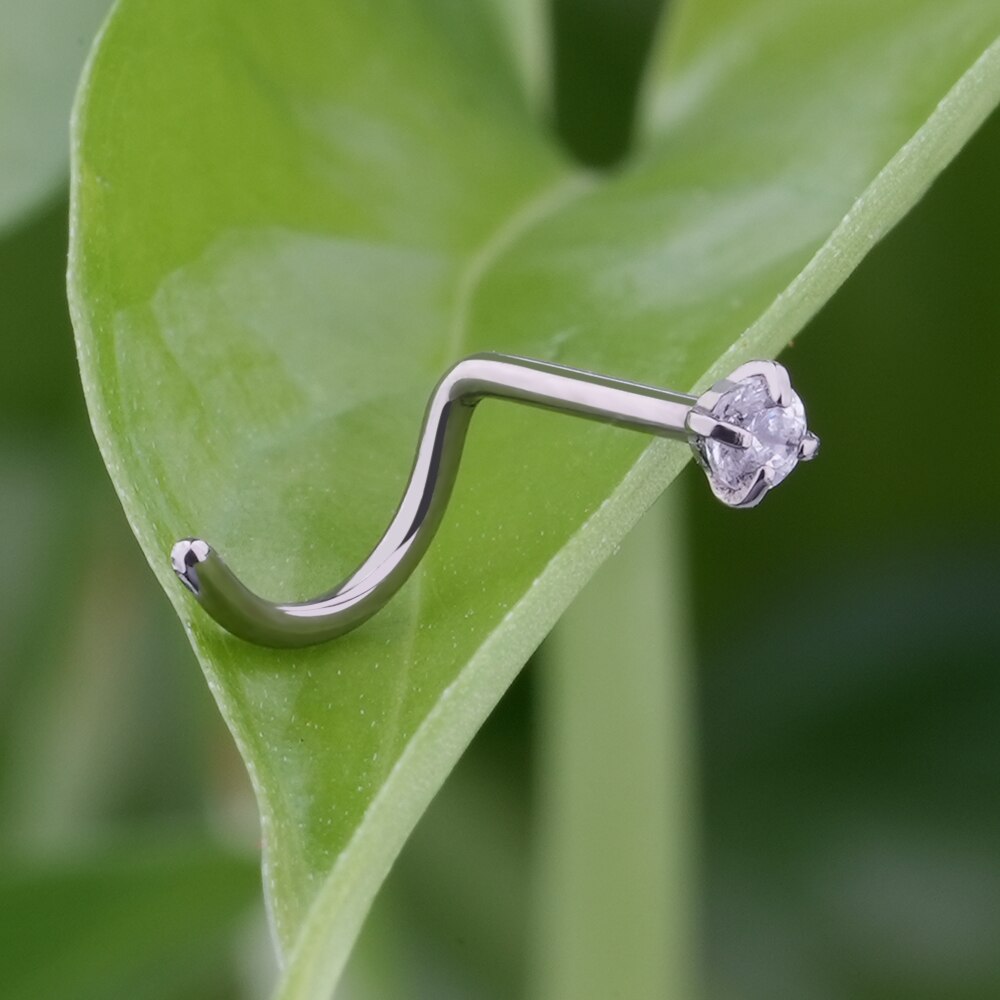 Corkscrew nose ring with round CZ different colors titanium 20G