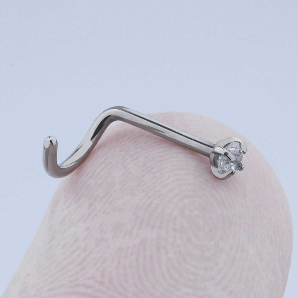 Corkscrew nose ring with round CZ different colors titanium 20G