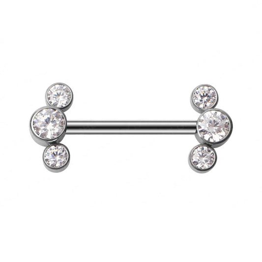 Diamond nipple bar titanium 14G internally threaded 14mm 16 mm 3 CZ stones 1 piece
