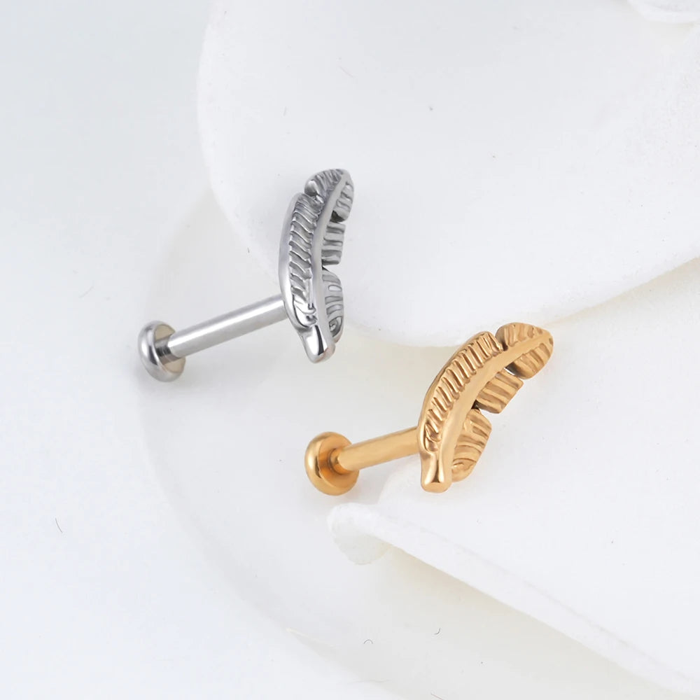 Feather earring stud titanium labret stud gold silver 16G flat back internally threaded