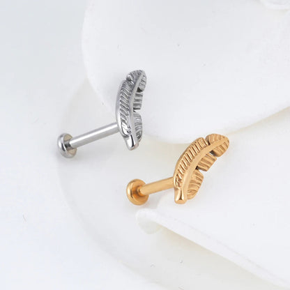 Feather earring stud titanium labret stud gold silver 16G flat back internally threaded