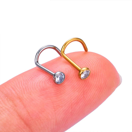 Gold corkscrew nose ring titanium screw nose stud 20G with CZ