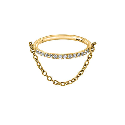Gold helix hoop with a chain and CZ titanium 16G