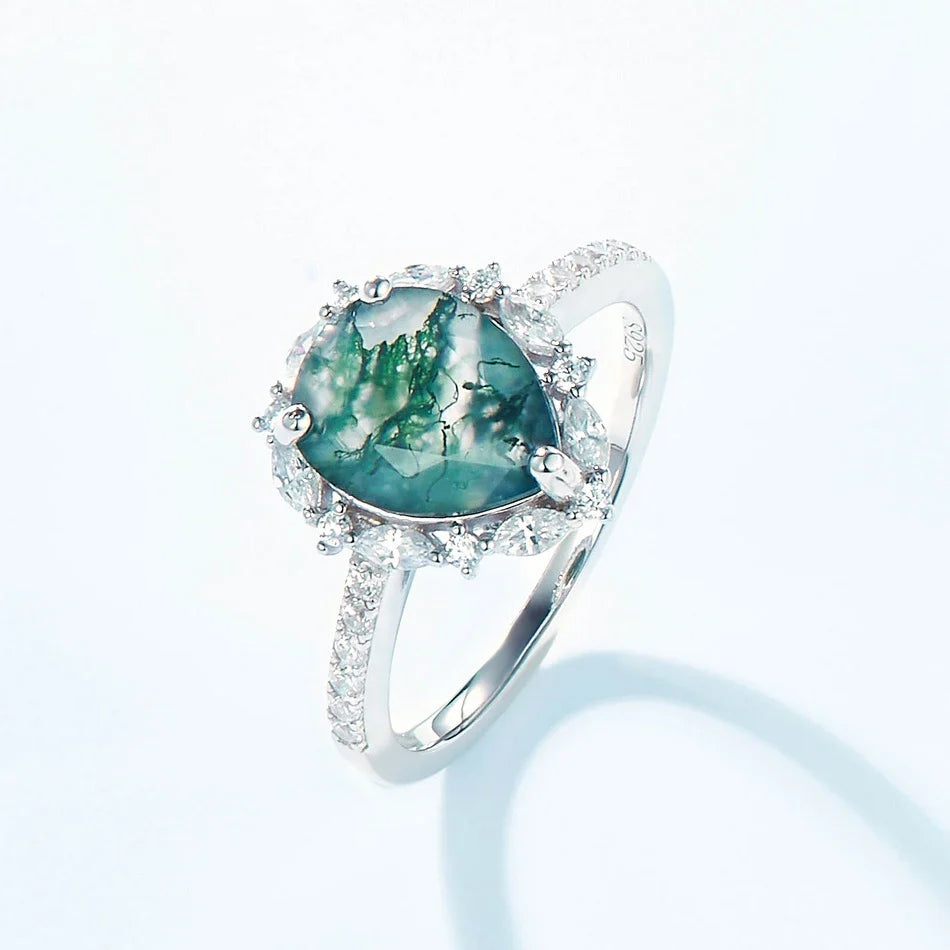 Green moss agate engagement ring sterling silver natural gemstone ring