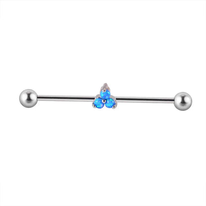 Silver industrial barbell with blue gemstone cluster, Rosary Milano fashion jewelry