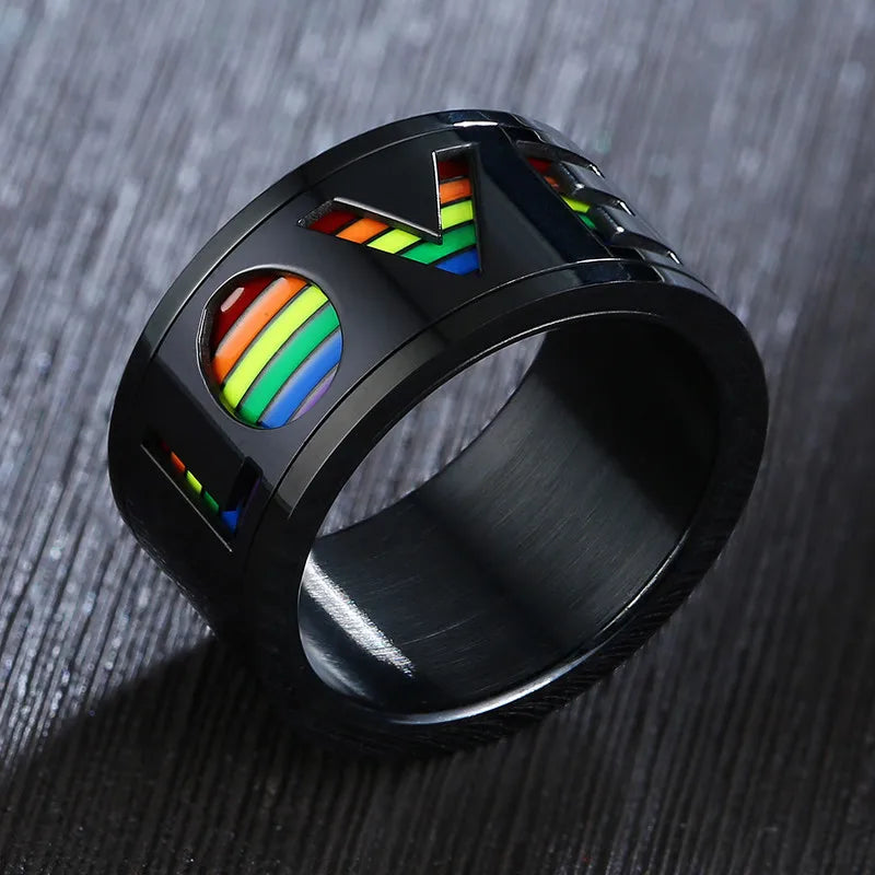 Rainbow anxiety ring LGBTQ stainless steel spinner ring LOVE fidget ring black worry ring