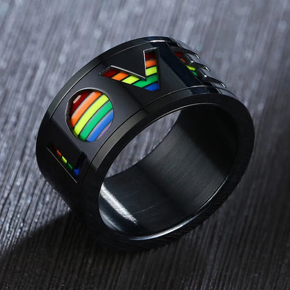 Rainbow anxiety ring LGBTQ stainless steel spinner ring LOVE fidget ring black worry ring