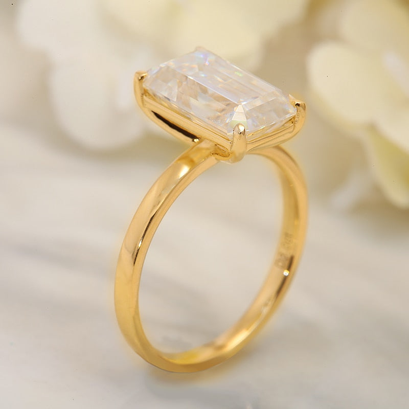 Emerald cut moissanite ring engagement ring 4-carat sterling silver yellow gold