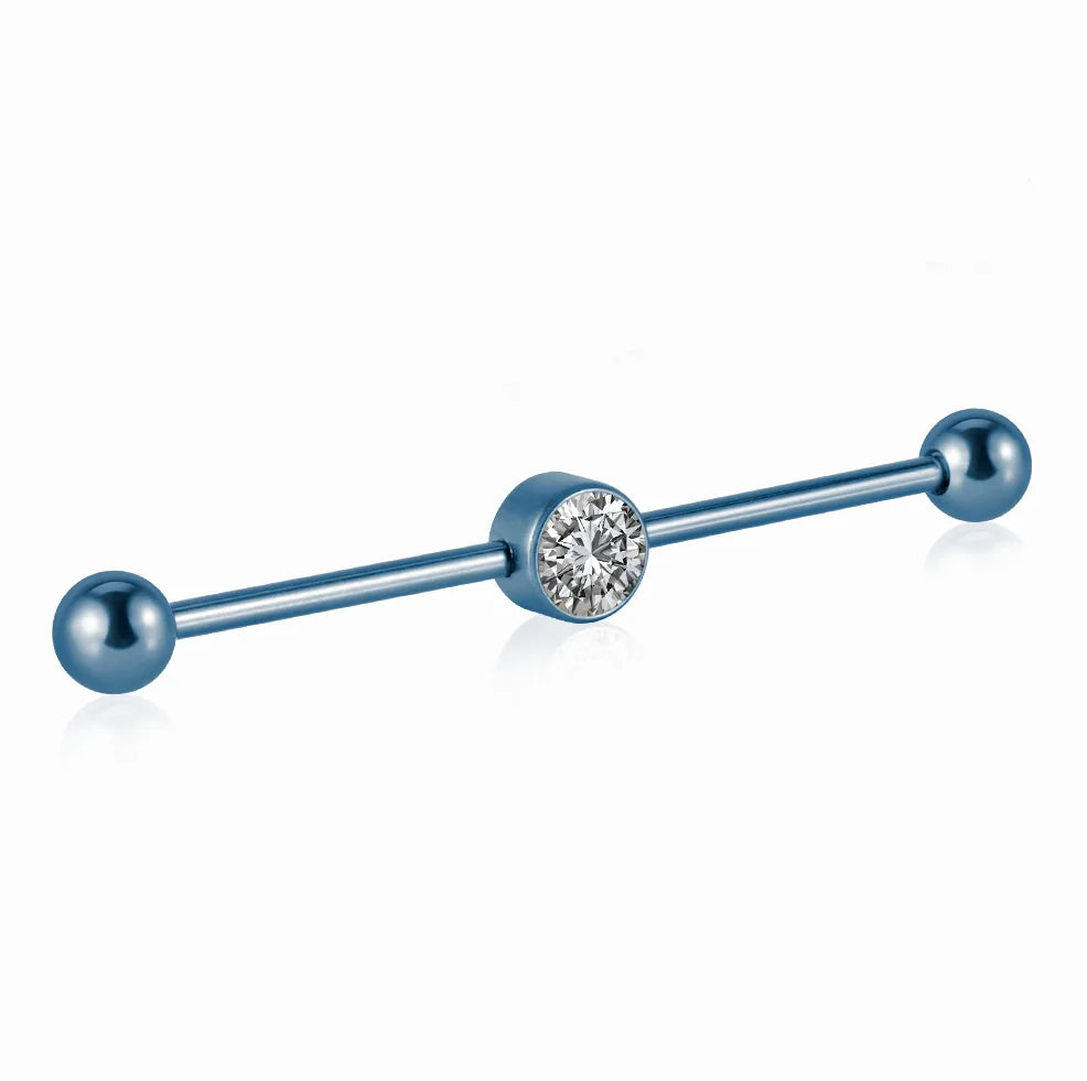 Cool industrial piercing with a clear diamond titanium industrial barbell 14G 38mm pink green blue silver