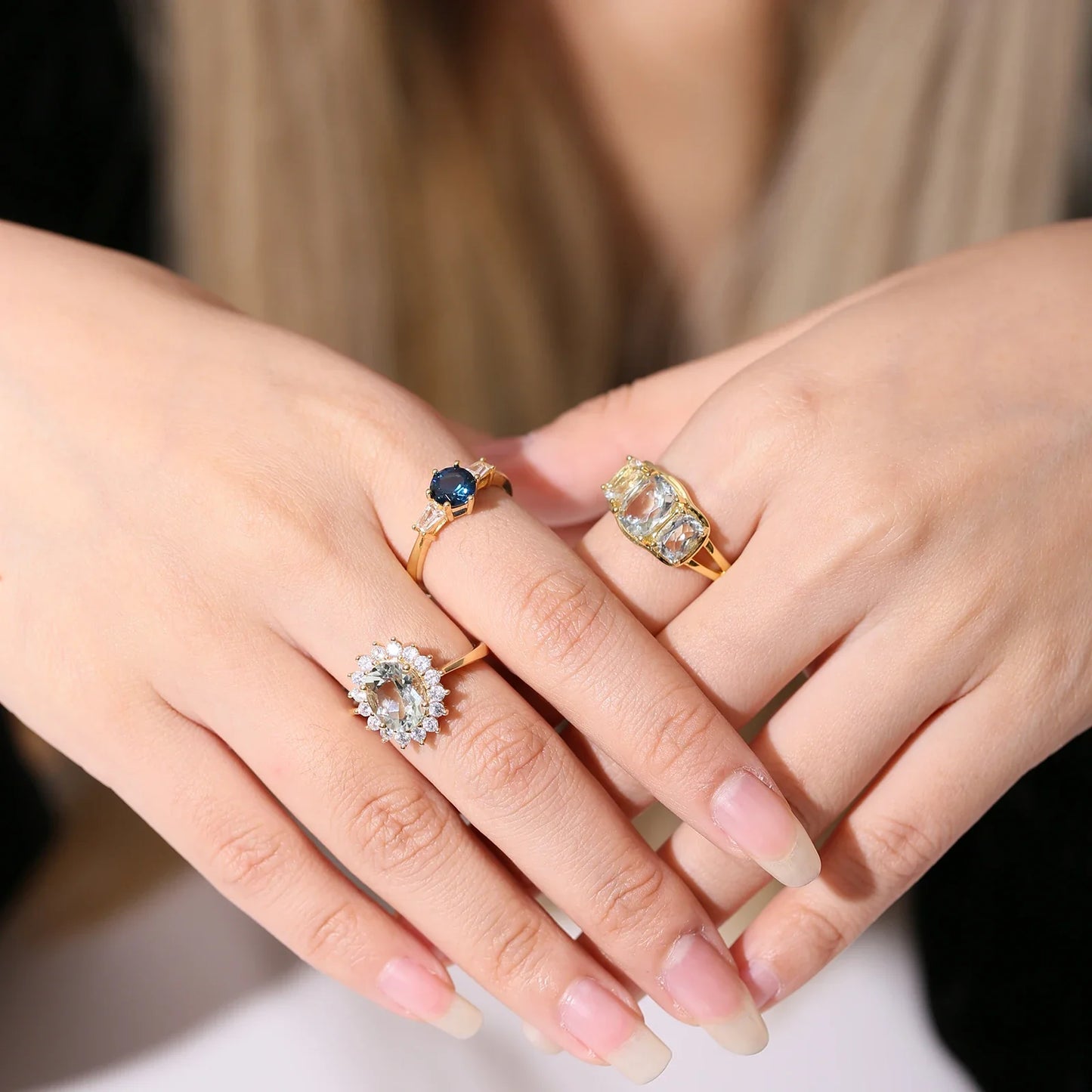 Green amethyst ring three stone engagement ring sterling silver 14k gold adjustable ring