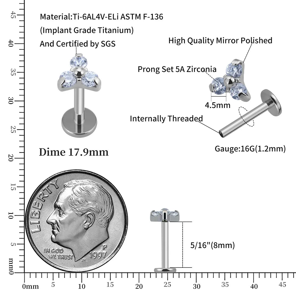 Ashley lip piercing stud implant-grade titanium with cubic zirconia 16G