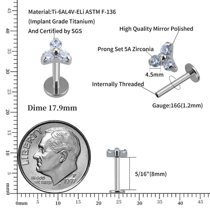 Ashley lip piercing stud implant-grade titanium with cubic zirconia 16G