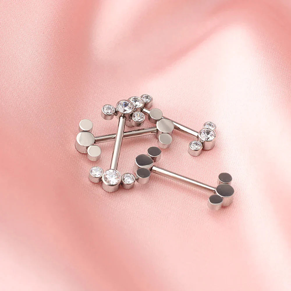 Diamond nipple bar titanium 14G internally threaded 14mm 16 mm 3 CZ stones 1 piece