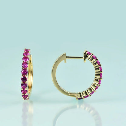 Eternity hoop earrings with ten clear red green blue diamond cz gold earrings