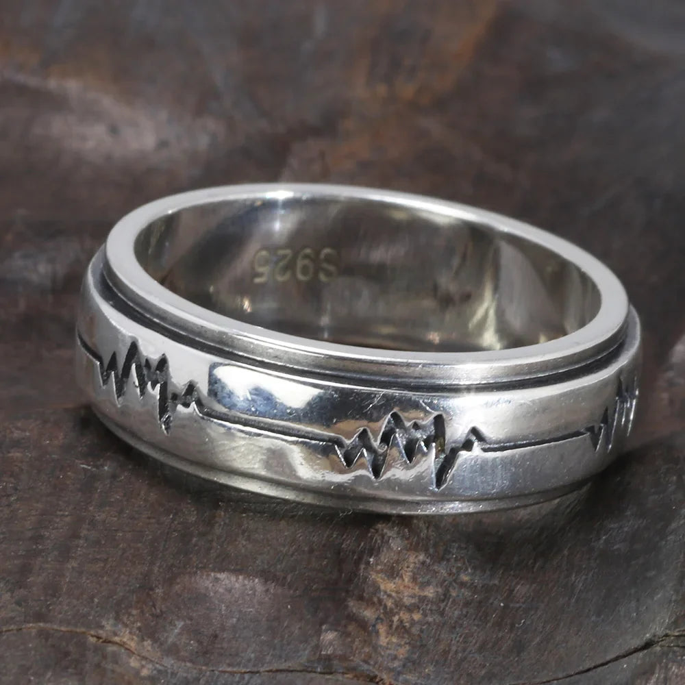 Spinning fidget ring heart beat pulse line sterling silver band