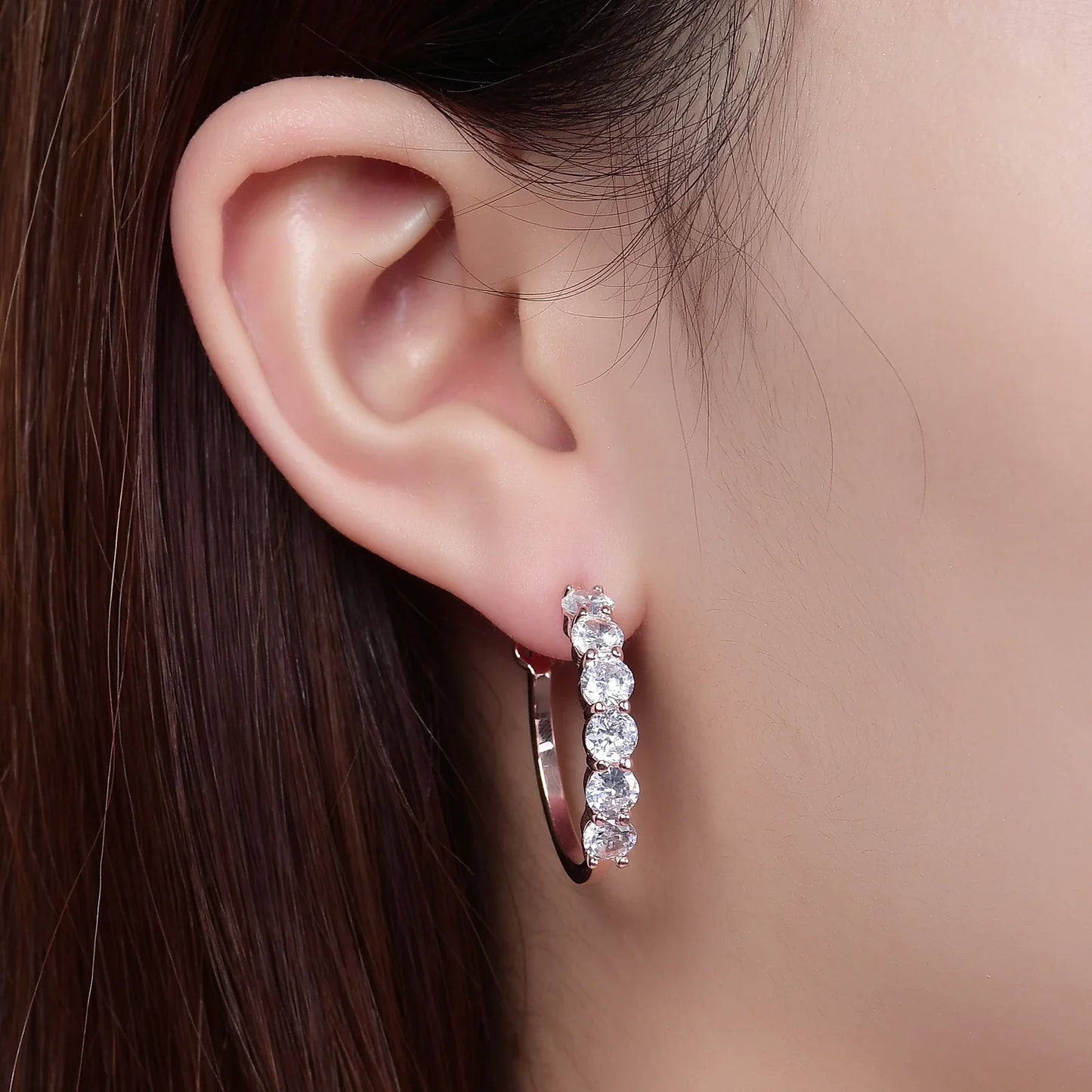 Eternity earrings with six clear red blue green diamond cz  in gold big hoop earrings