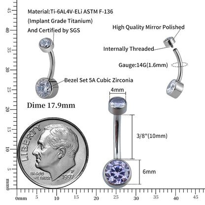 Titanium belly button ring with CZ 14G internally-threaded