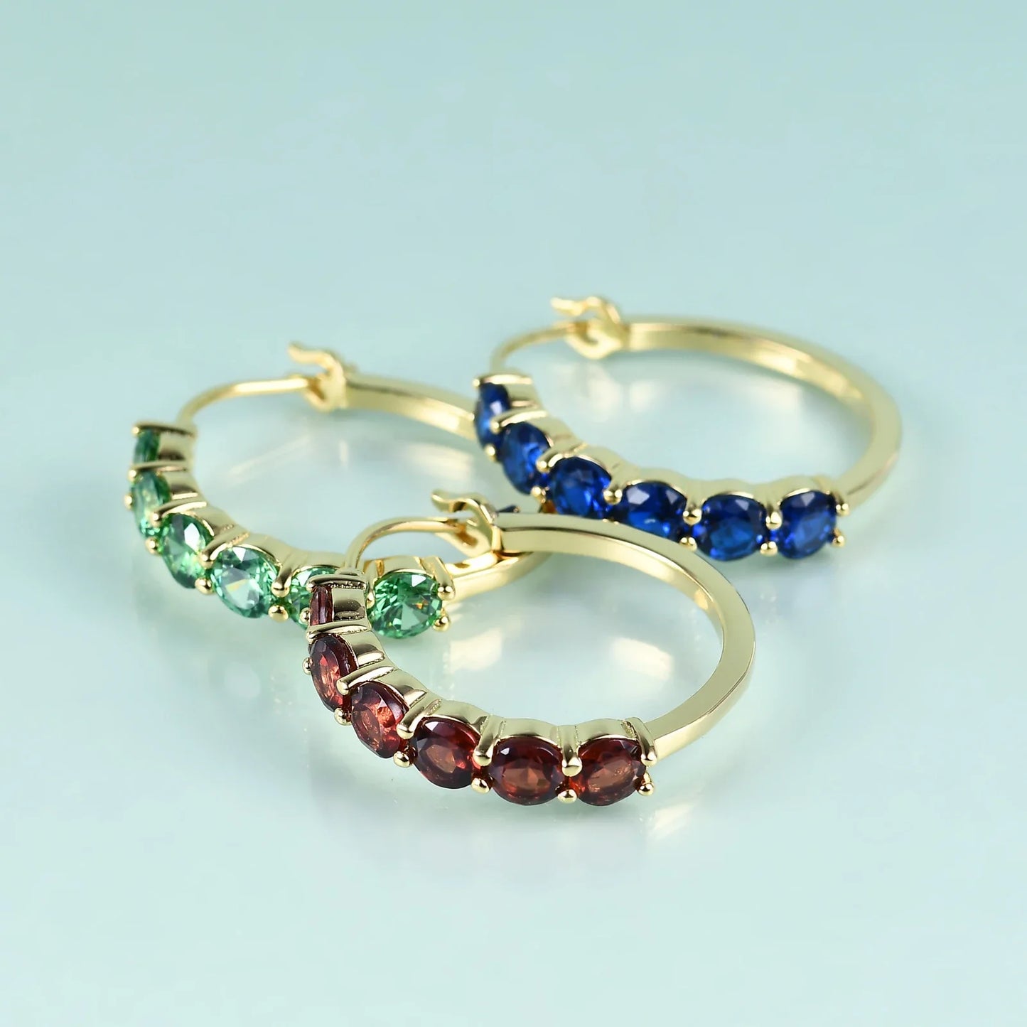 Eternity earrings with six clear red blue green diamond cz  in gold big hoop earrings