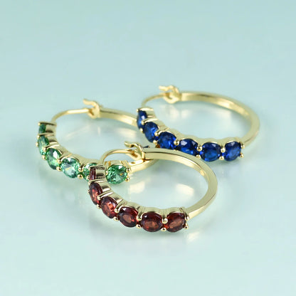 Eternity earrings with six clear red blue green diamond cz  in gold big hoop earrings