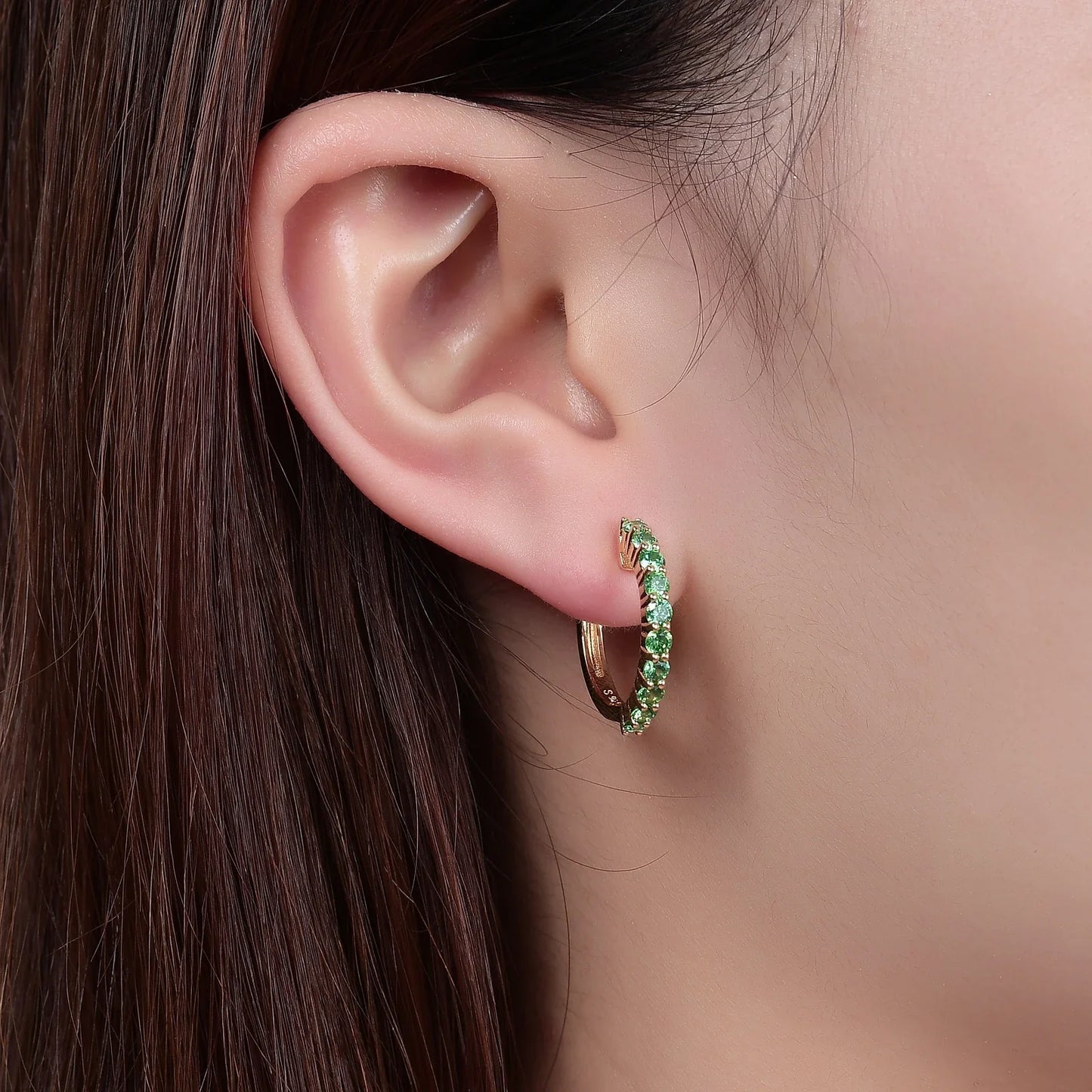 Eternity hoop earrings with ten clear red green blue diamond cz gold earrings