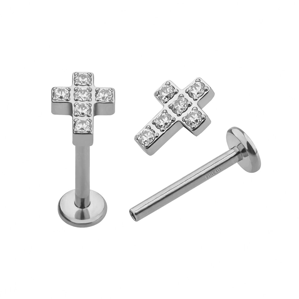 Cross nose stud blue pink clear titanium 16 gauge