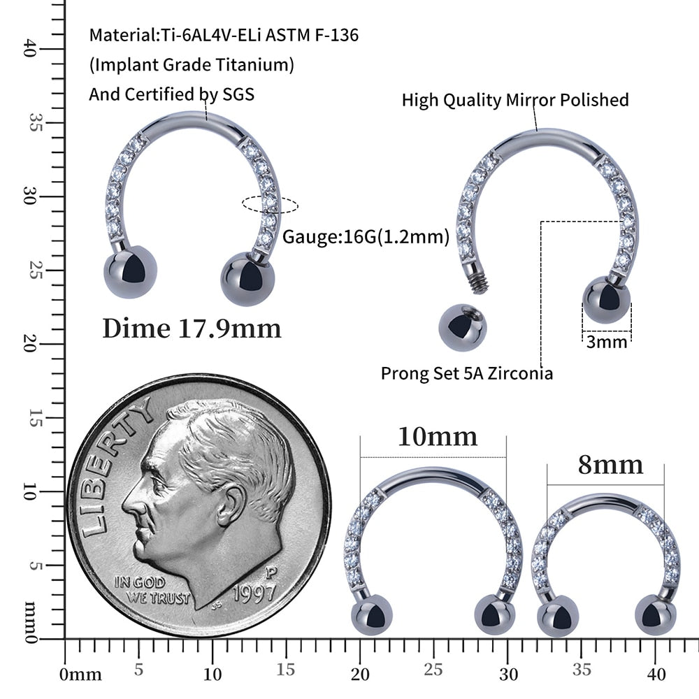 Horseshoe septum ring with CZ titanium 16G