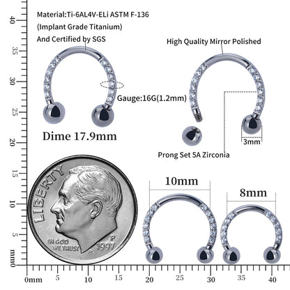 Horseshoe septum ring with CZ titanium 16G