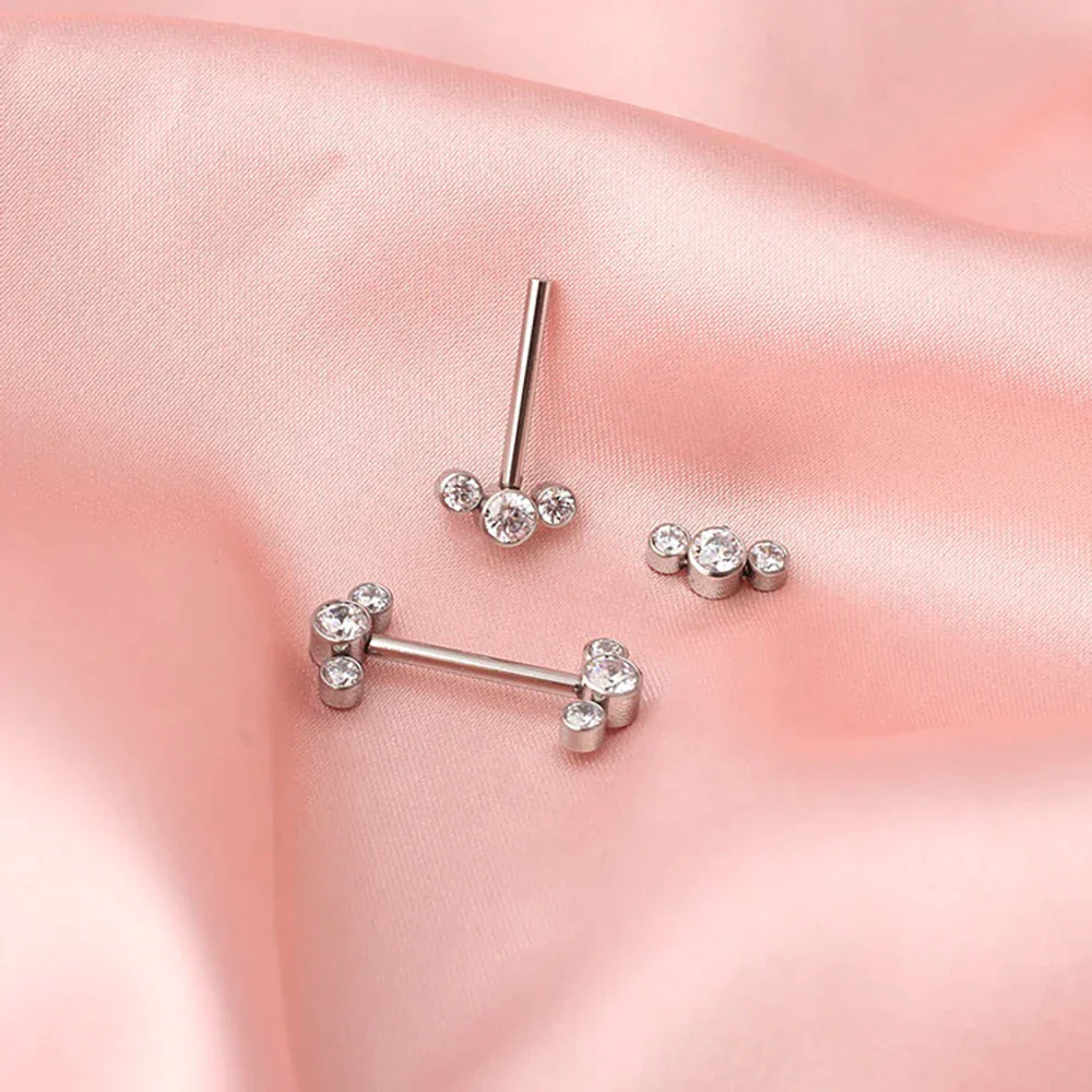 Diamond nipple bar titanium 14G internally threaded 14mm 16 mm 3 CZ stones 1 piece