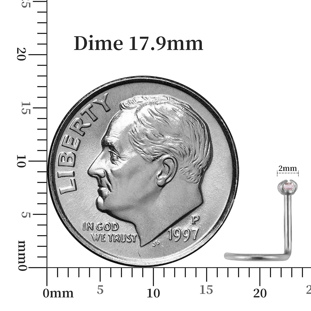 Corkscrew nose ring with round CZ different colors titanium 20G