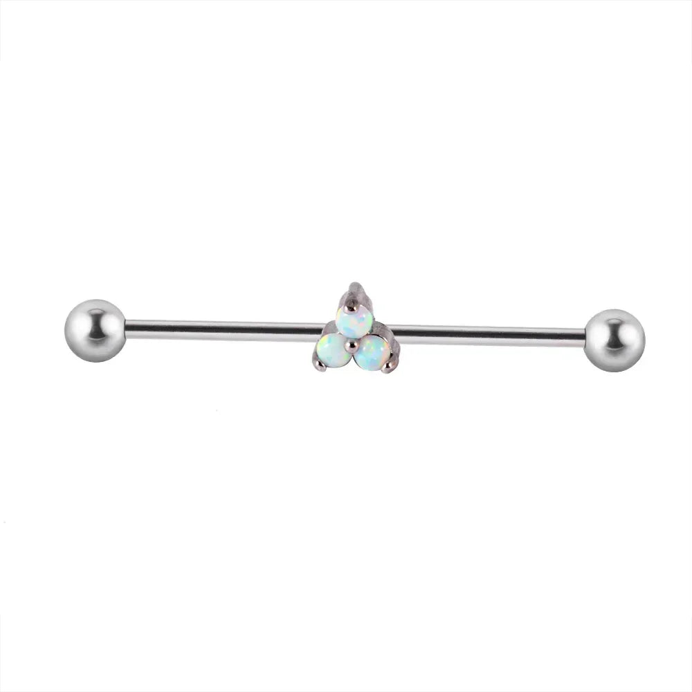 Silver industrial barbell with three opal beads, Rosary Milano fashion jewelry