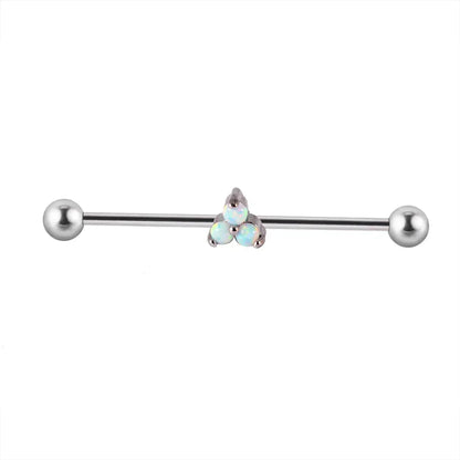 Silver industrial barbell with three opal beads, Rosary Milano fashion jewelry