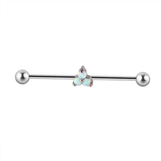Silver industrial barbell with three opal beads, Rosary Milano fashion jewelry