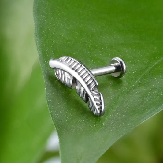 Feather earring stud titanium labret stud gold silver 16G flat back internally threaded