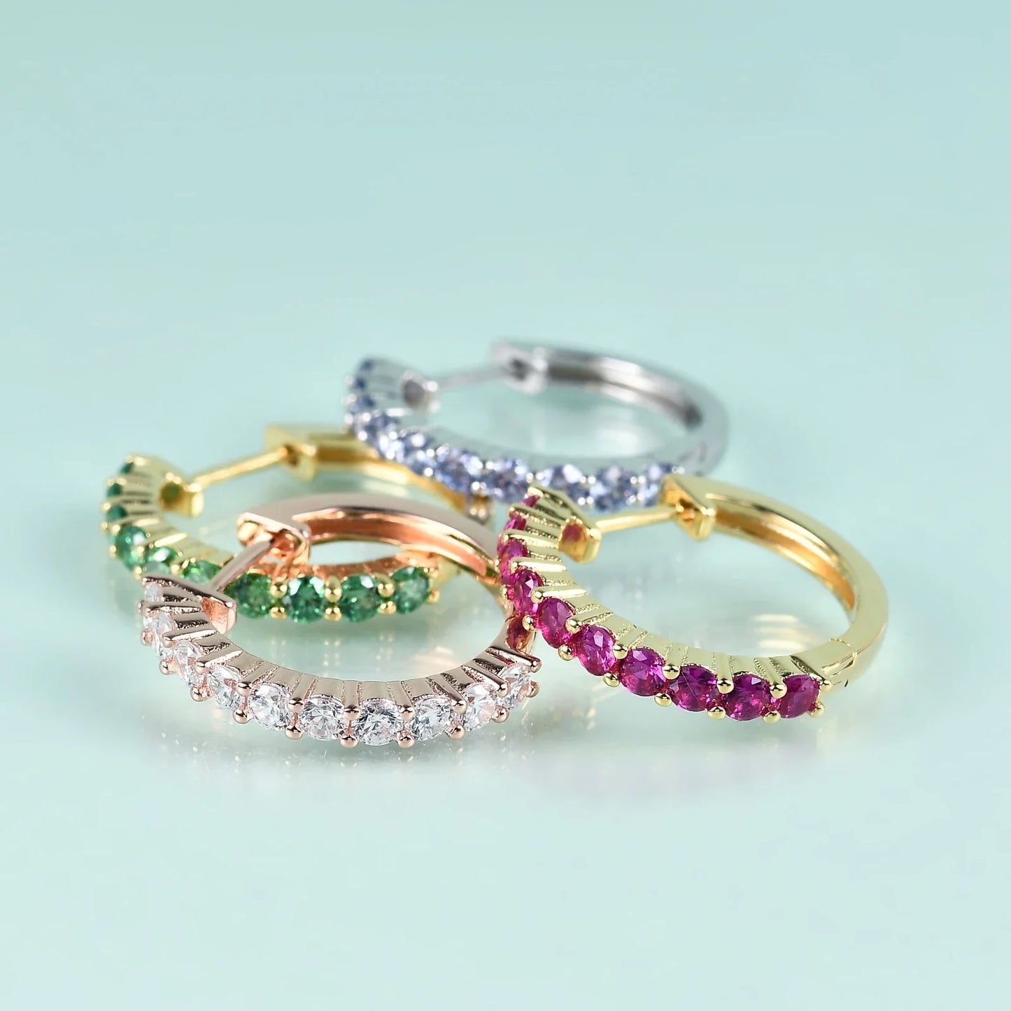 Eternity hoop earrings with ten clear red green blue diamond cz gold earrings