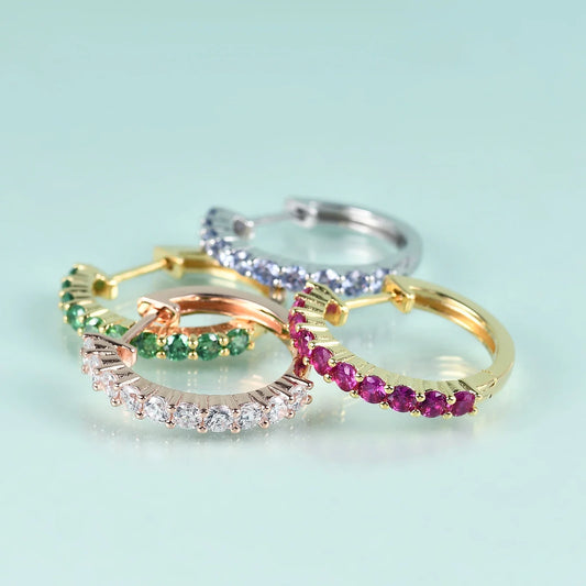 Eternity hoop earrings with ten clear red green blue diamond cz gold earrings