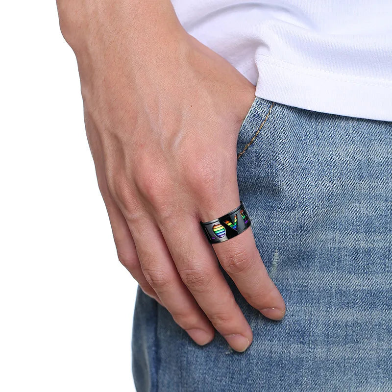 Rainbow anxiety ring LGBTQ stainless steel spinner ring LOVE fidget ring black worry ring