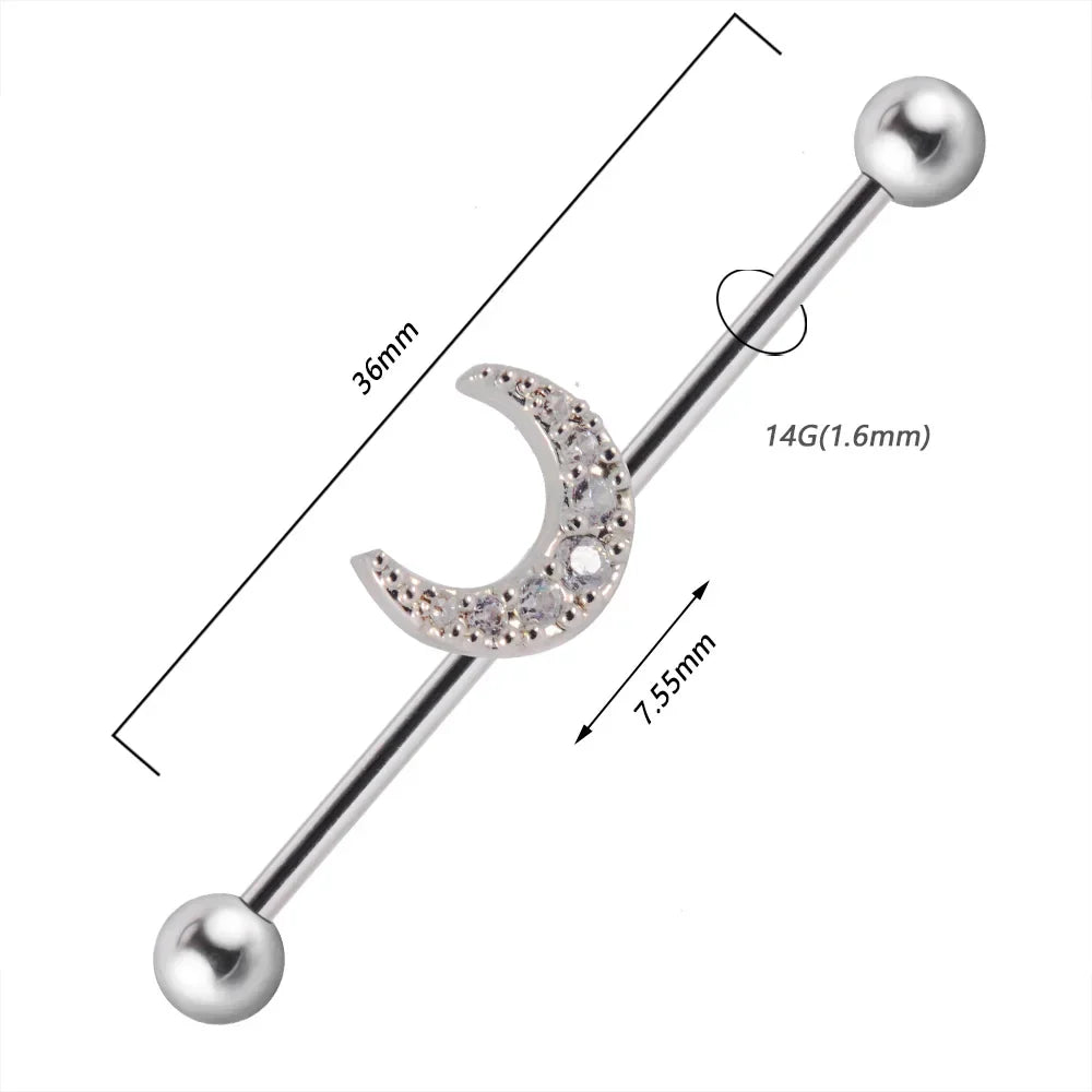 Moon industrial barbell unique industrial piercing titanium 14G 36mm