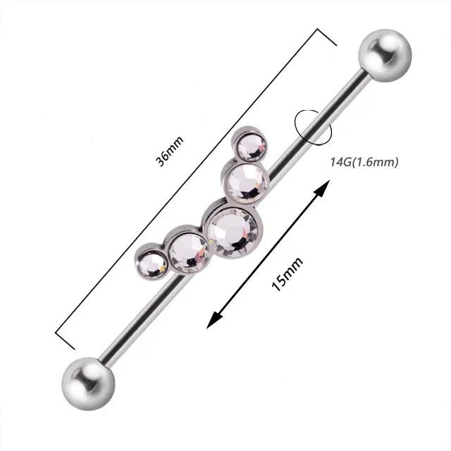 Cool industrial piercing jewelry with 5 stones titanium industrial barbell 14G 36mm