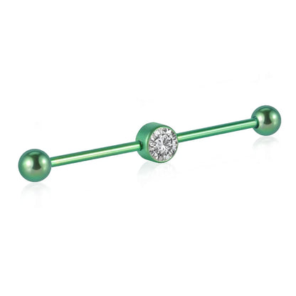 Cool industrial piercing with a clear diamond titanium industrial barbell 14G 38mm pink green blue silver