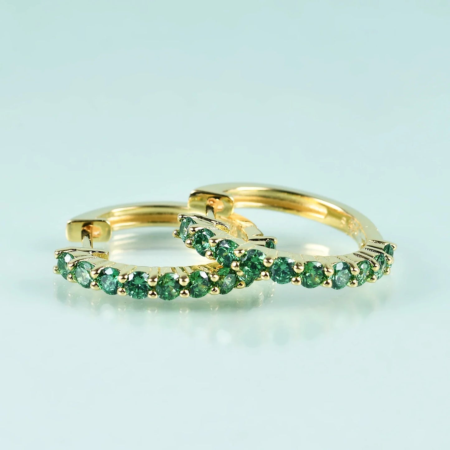 Eternity hoop earrings with ten clear red green blue diamond cz gold earrings