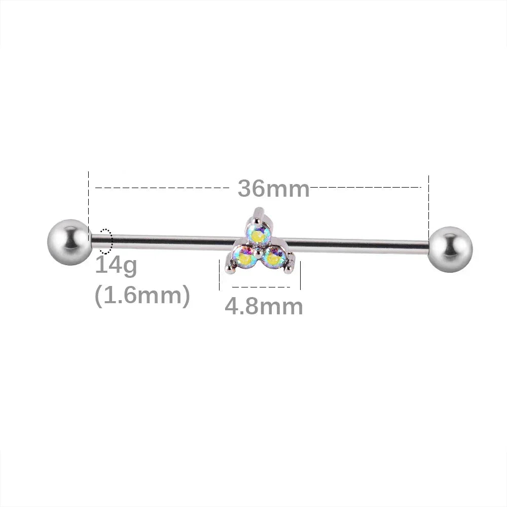 Silver industrial barbell with three iridescent gems, 36mm length, from Rosary Milano