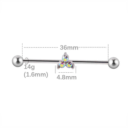 Silver industrial barbell with three iridescent gems, 36mm length, from Rosary Milano