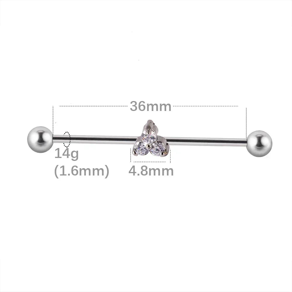 Industrial barbell earring with crystal cluster centerpiece, 36mm length, 14g gauge, Rosary Milano jewelry
