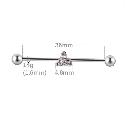 Industrial barbell earring with crystal cluster centerpiece, 36mm length, 14g gauge, Rosary Milano jewelry
