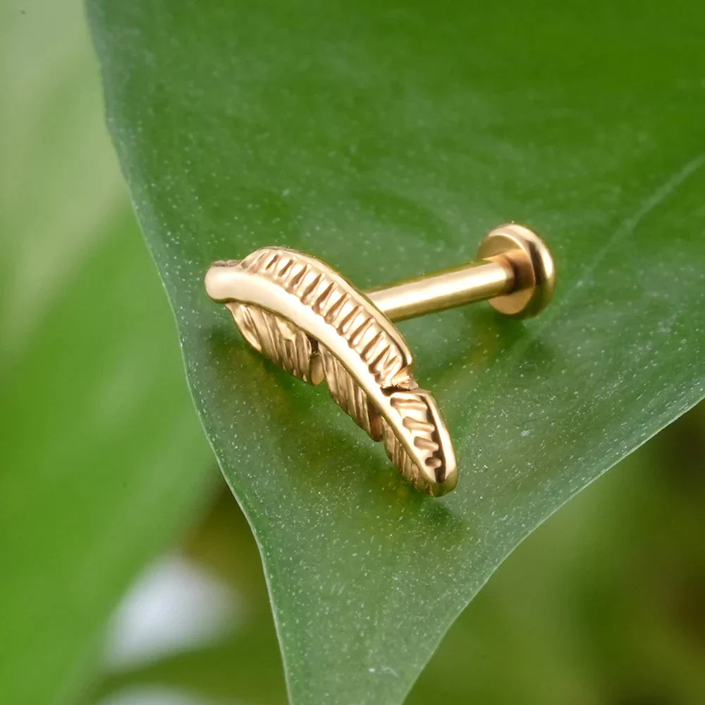Feather earring stud titanium labret stud gold silver 16G flat back internally threaded