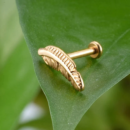 Feather earring stud titanium labret stud gold silver 16G flat back internally threaded