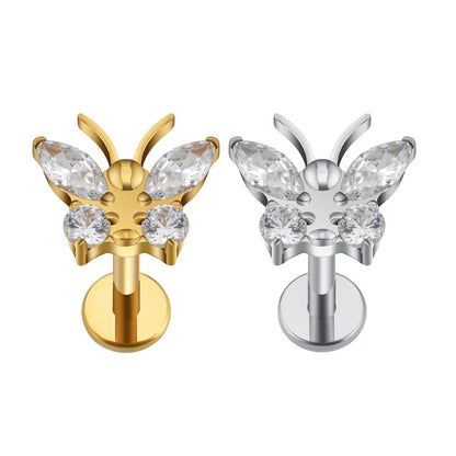 Labret piercing stud cute with a butterfly 16G implant-grade titanium flat back CZ stone