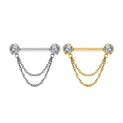 Nipple ring with chain 14g with diamonds gold and silver titanium 1 piece